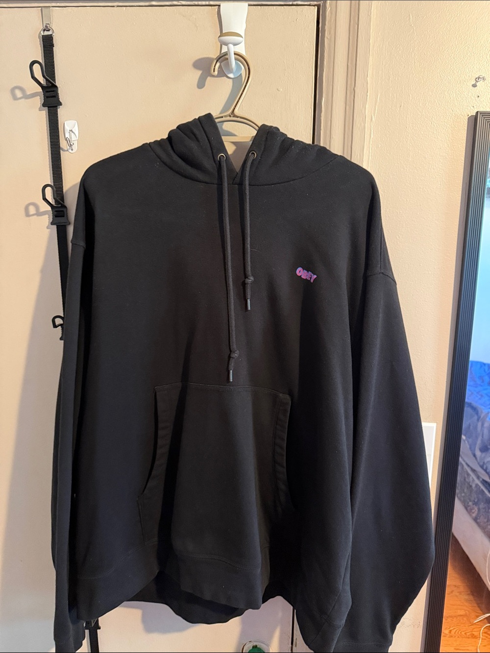 Obey Black Hoodie with Small Purple Logo